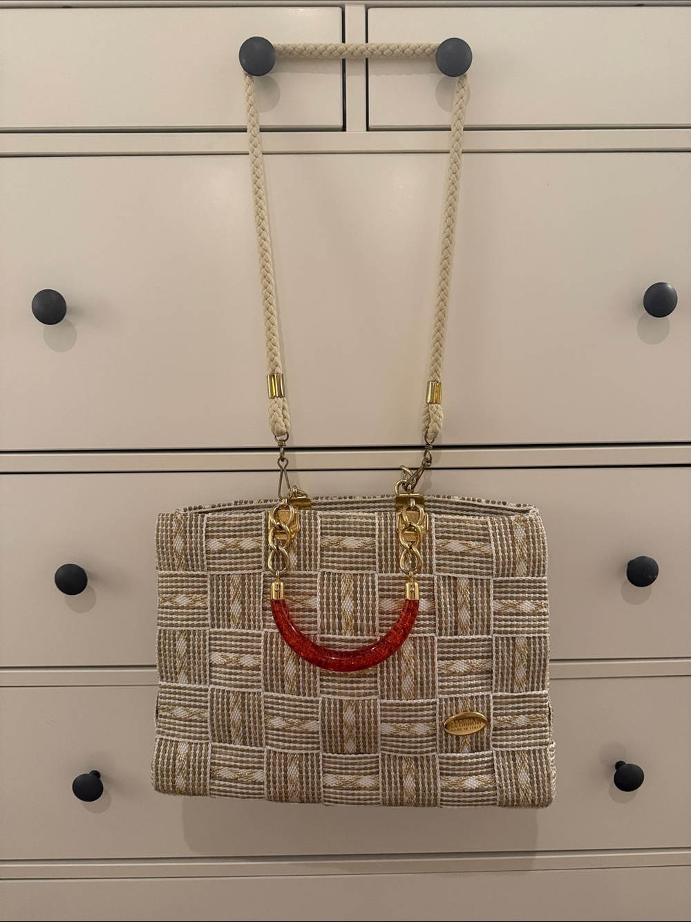 Fermani Vintage Italian Woven Crossbody Handbag with Gold and Amber Accents